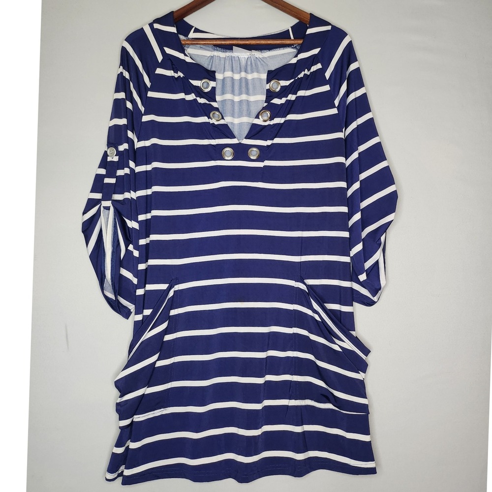 Beach Break swimsuit coverup Med stripes Nautical Pockets Roll Tab‎ Sleeves